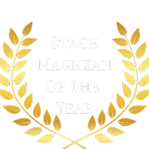 Golden laurel wreath graphic with the text "Stage Magician Of The Year."
